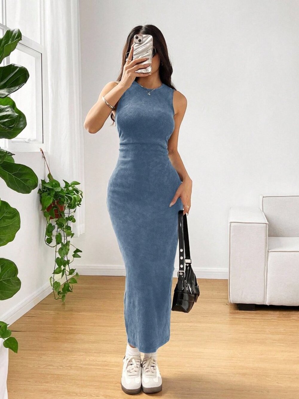 Blue Casual Women's acid wash Sleeveless Round Neck Tank Dress - Picture 4 of 6